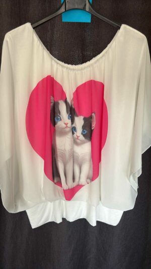 Wit Vlindermouw Shirtje met Schattige Poesjesprint 🐱🤍