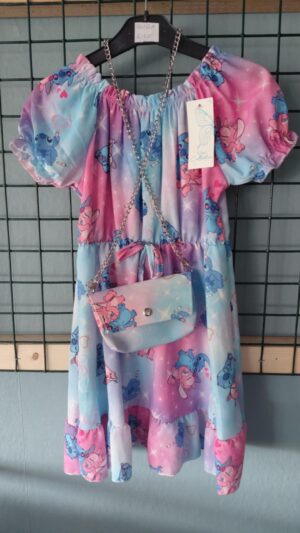 stitch jurkje roze/blauw met tasje
