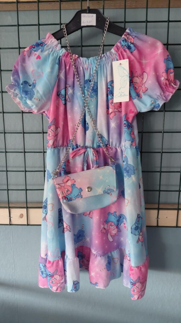 stitch jurkje roze/blauw met tasje